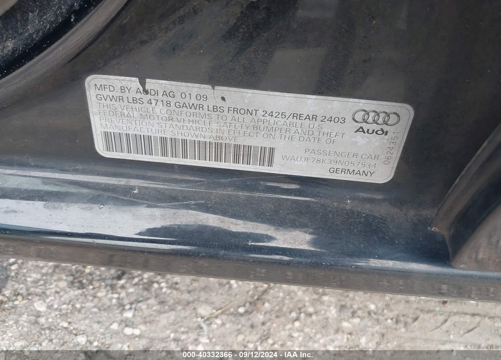 2009 AUDI A4 2.0T PREMIUM VIN: WAUJF78K39N057534