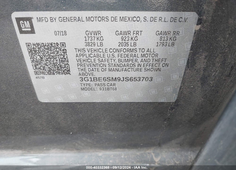 2018 CHEVROLET CRUZE LT AUTO VIN: 3G1BE6SM9JS653703