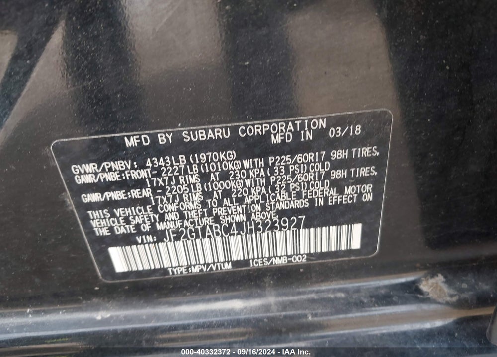 2018 SUBARU CROSSTREK 2.0I PREMIUM VIN: JF2GTABC4JH323927