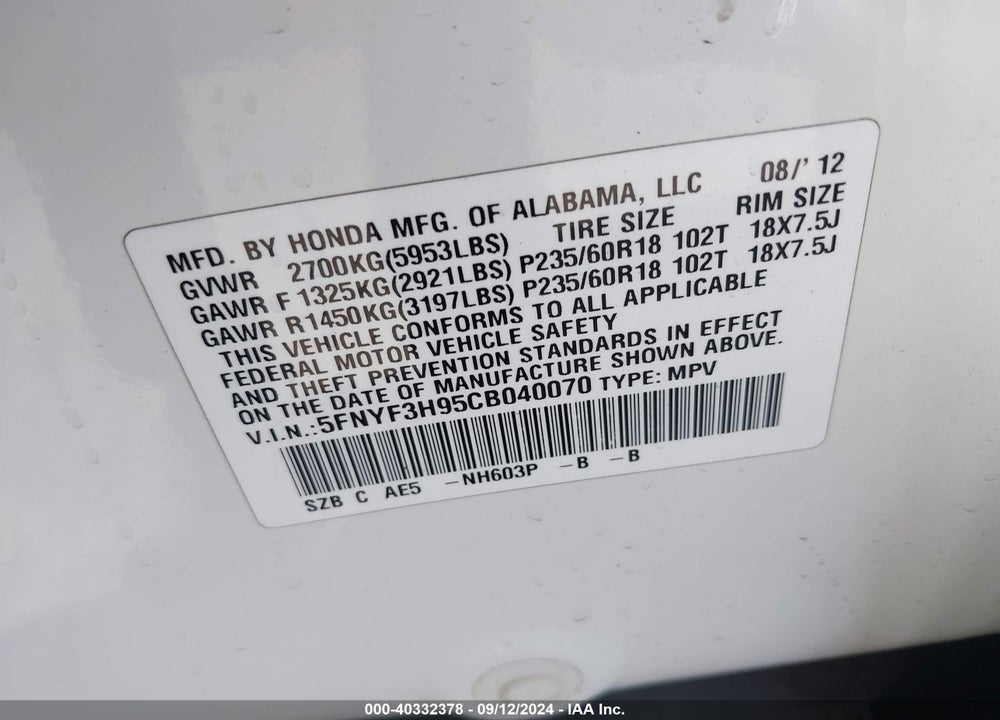 2012 HONDA PILOT TOURING VIN: 5FNYF3H95CB040070
