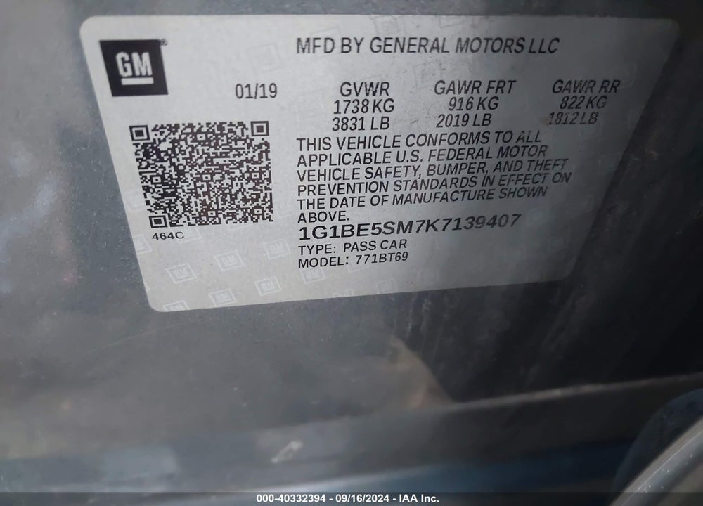 2019 CHEVROLET CRUZE LT VIN: 1G1BE5SM7K7139407