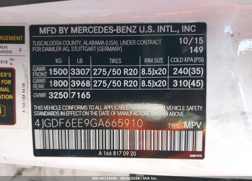 2016 MERCEDES-BENZ GL 450 4MATIC VIN: 4JGDF6EE9GA665910