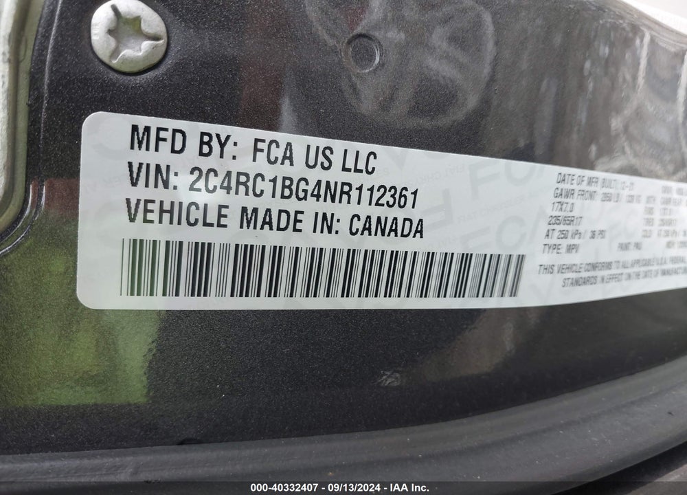 2022 CHRYSLER PACIFICA TOURING L VIN: 2C4RC1BG4NR112361