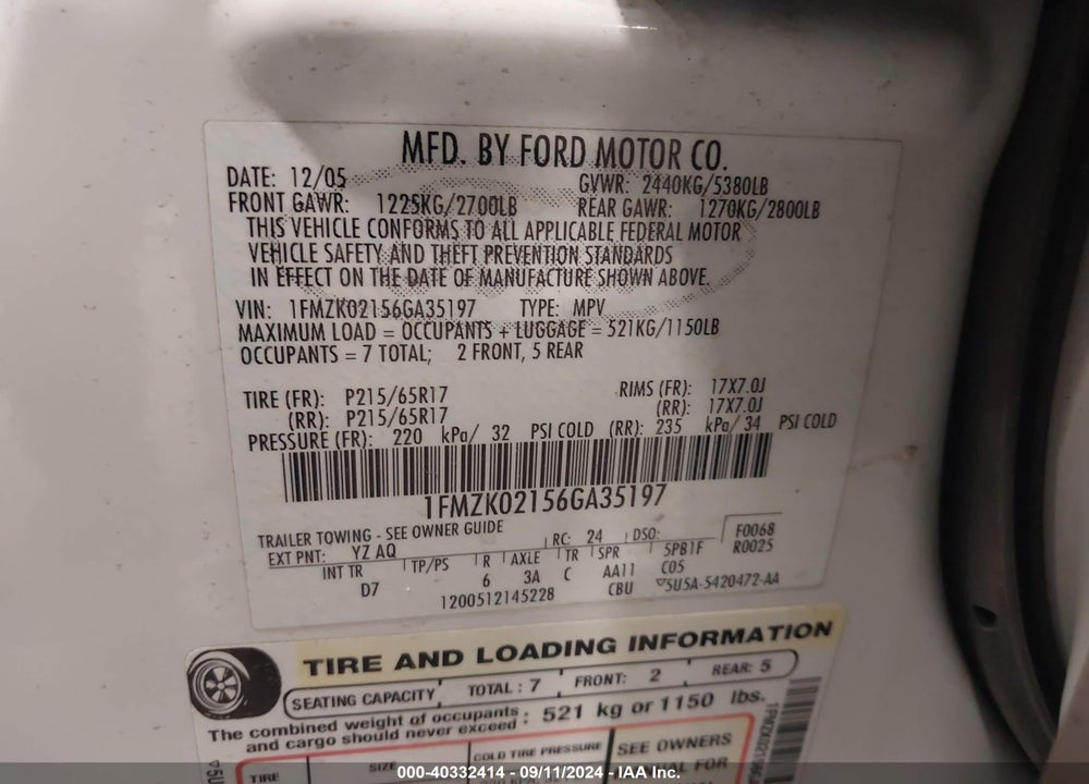 2006 FORD FREESTYLE SEL VIN: 1FMZK02156GA35197