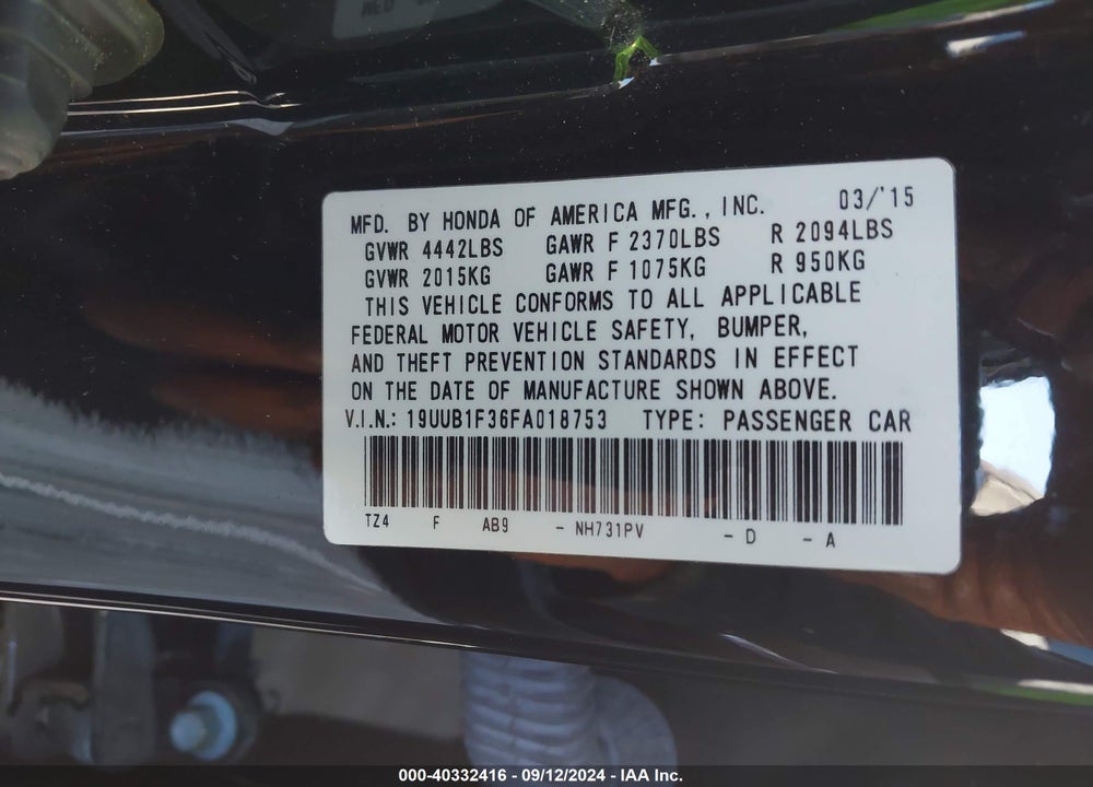 2015 ACURA TLX VIN: 19UUB1F36FA018753