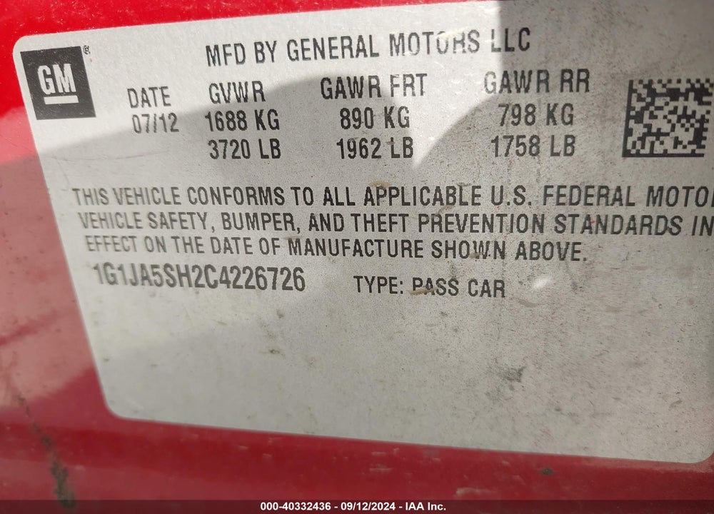 2012 CHEVROLET SONIC 2LS VIN: 1G1JA5SH2C4226726