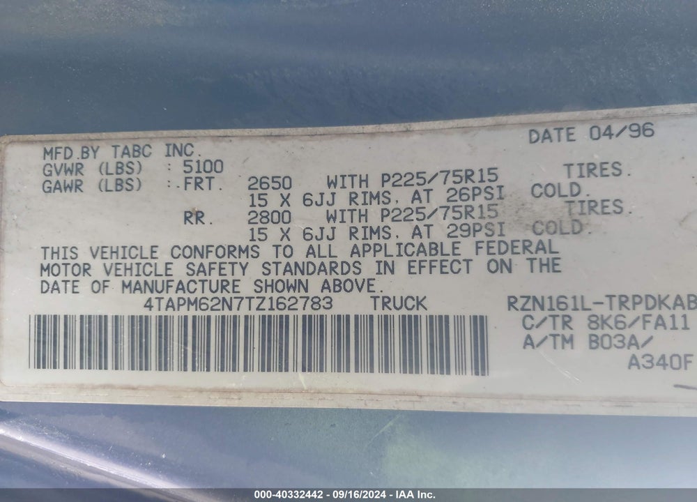 1996 TOYOTA TACOMA VIN: 4TAPM62N7TZ162783