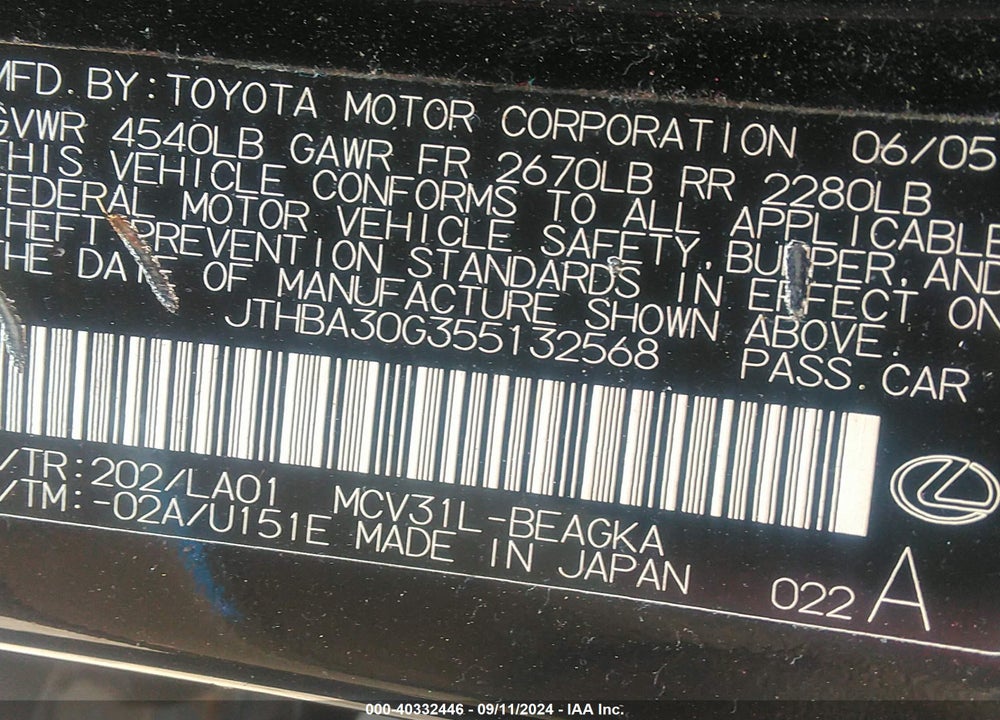 2005 LEXUS ES 330 VIN: JTHBA30G355132568