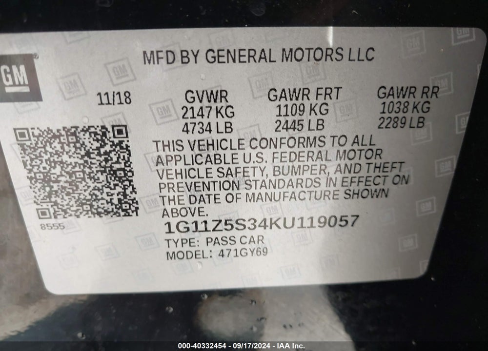 2019 CHEVROLET IMPALA LT VIN: 1G11Z5S34KU119057