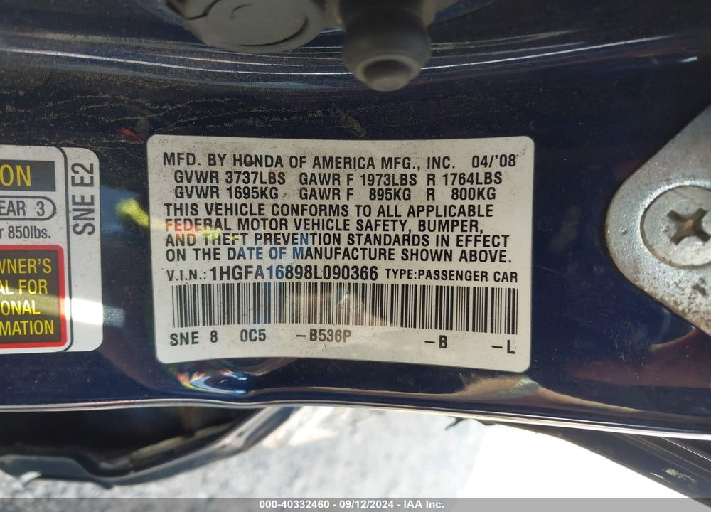 2008 HONDA CIVIC EX VIN: 1HGFA16898L090366