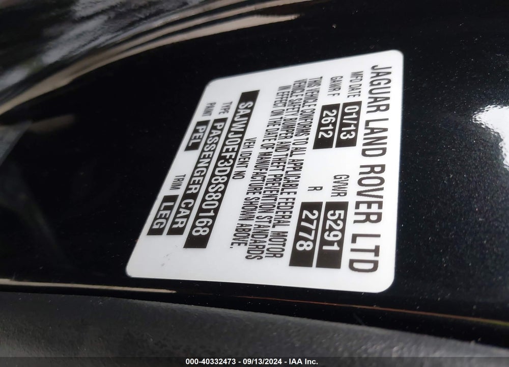 2013 JAGUAR XF V6 SC VIN: SAJWJ0EF3D8S80168