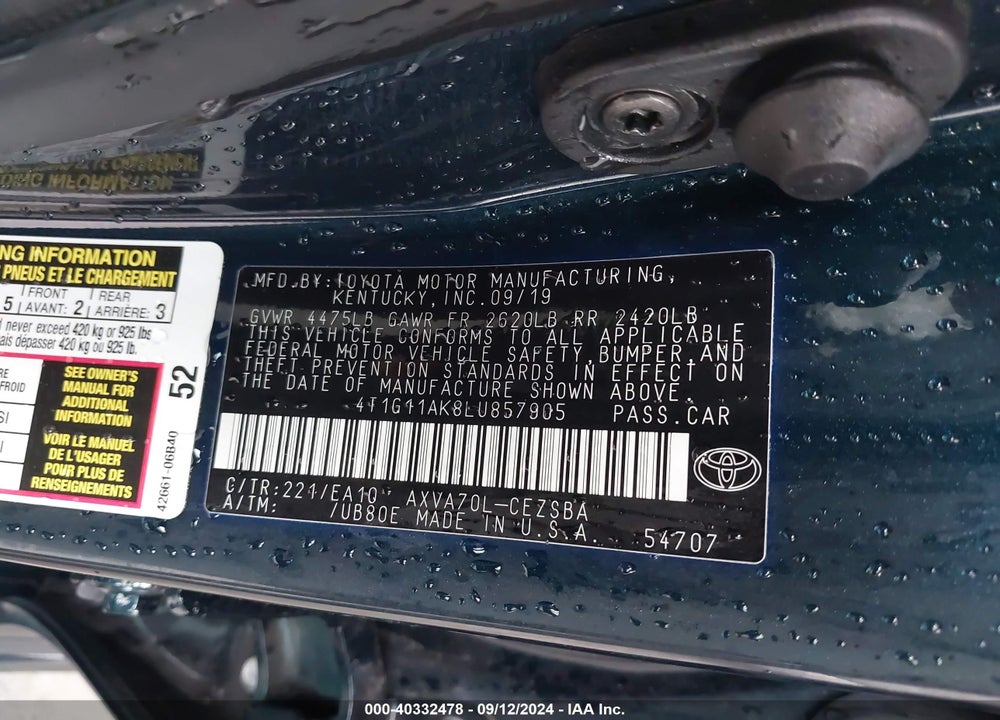2020 TOYOTA CAMRY SE VIN: 4T1G11AK8LU857905