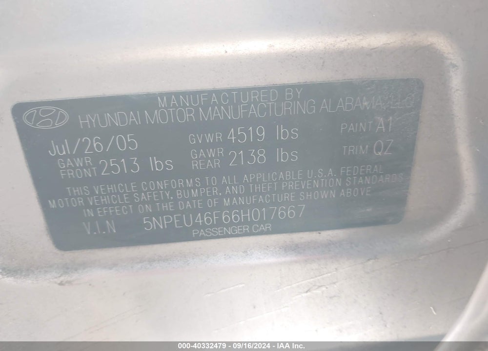 2006 HYUNDAI SONATA GLS V6/LX V6 VIN: 5NPEU46F66H017667