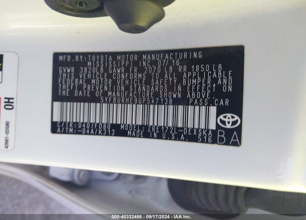 2016 TOYOTA COROLLA S PLUS VIN: 5YFBURHE9GP547138