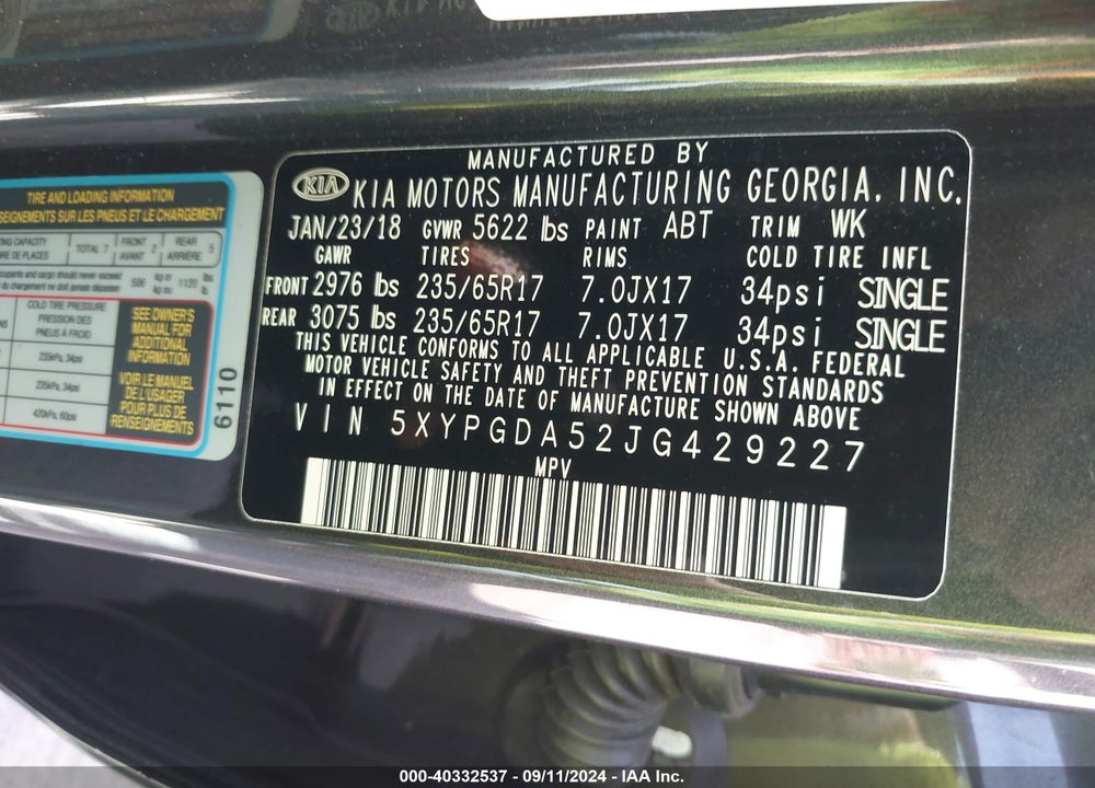 2018 KIA SORENTO VIN: 5XYPGDA52JG429227