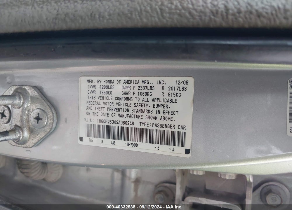 2009 HONDA ACCORD 2.4 LX VIN: 1HGCP26349A086248
