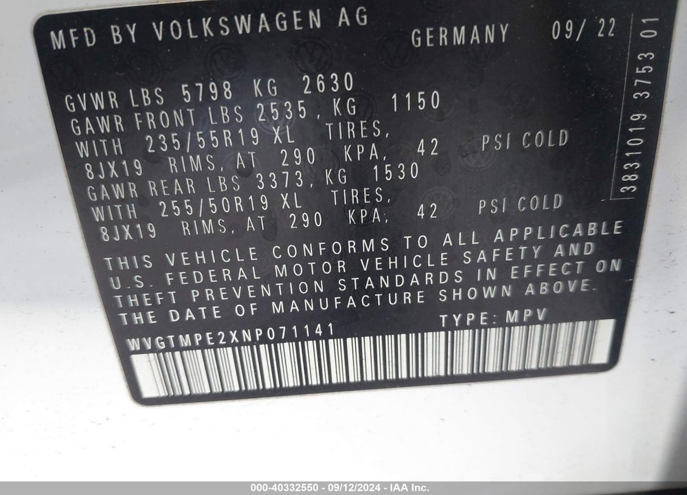 2022 VOLKSWAGEN ID.4 PRO S VIN: WVGTMPE2XNP071141