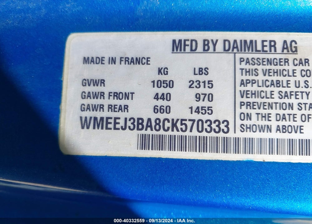 2012 SMART FORTWO PASSION/PURE VIN: WMEEJ3BA8CK570333