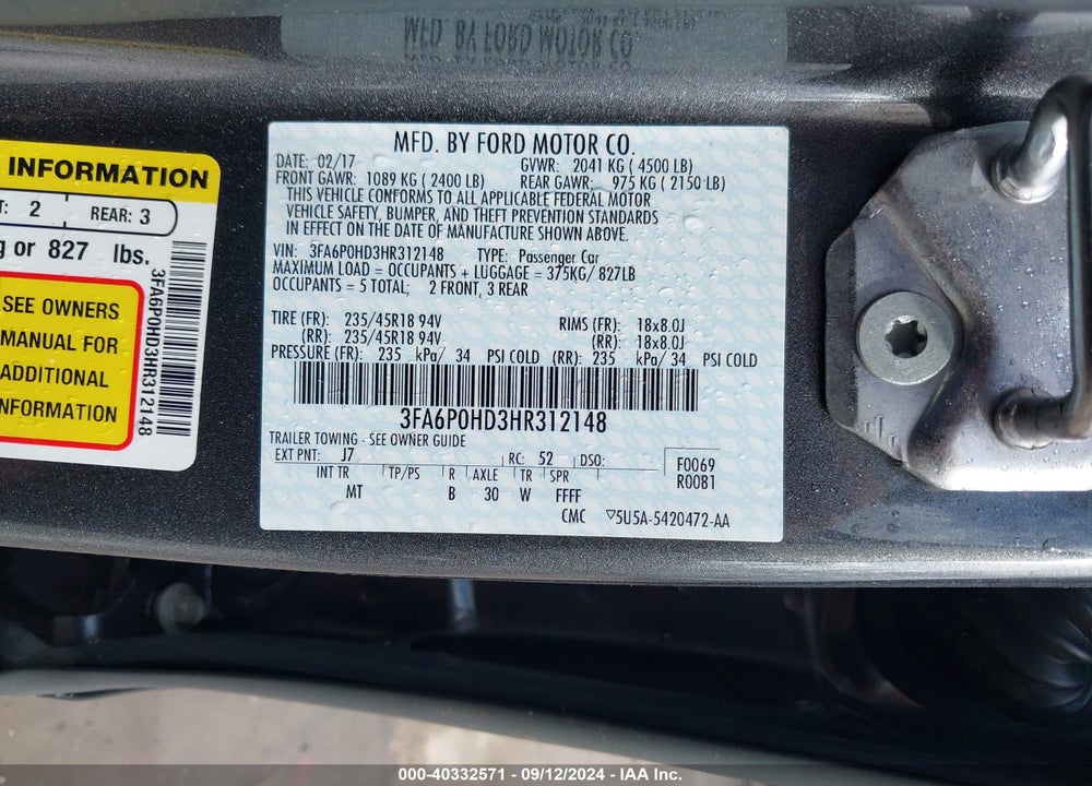 2017 FORD FUSION SE VIN: 3FA6P0HD3HR312148