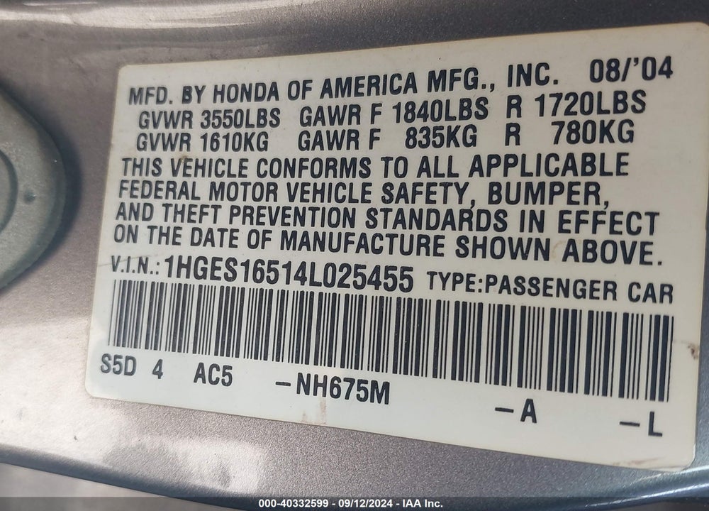 2004 HONDA CIVIC LX VIN: 1HGES16514L025455