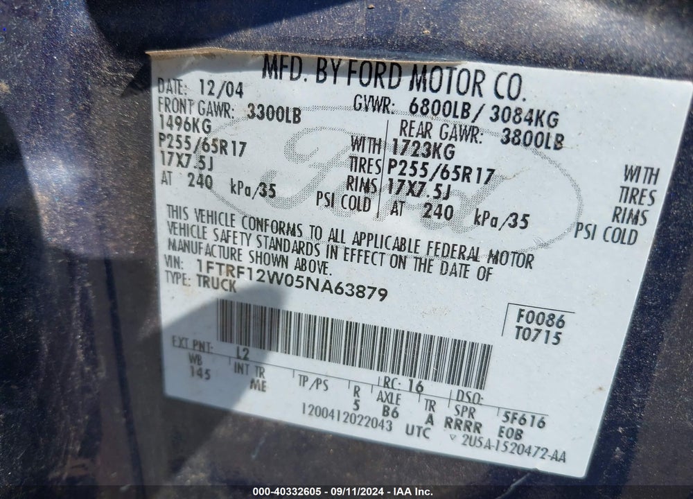 2005 FORD F-150 STX/XL/XLT VIN: 1FTRF12W05NA63879