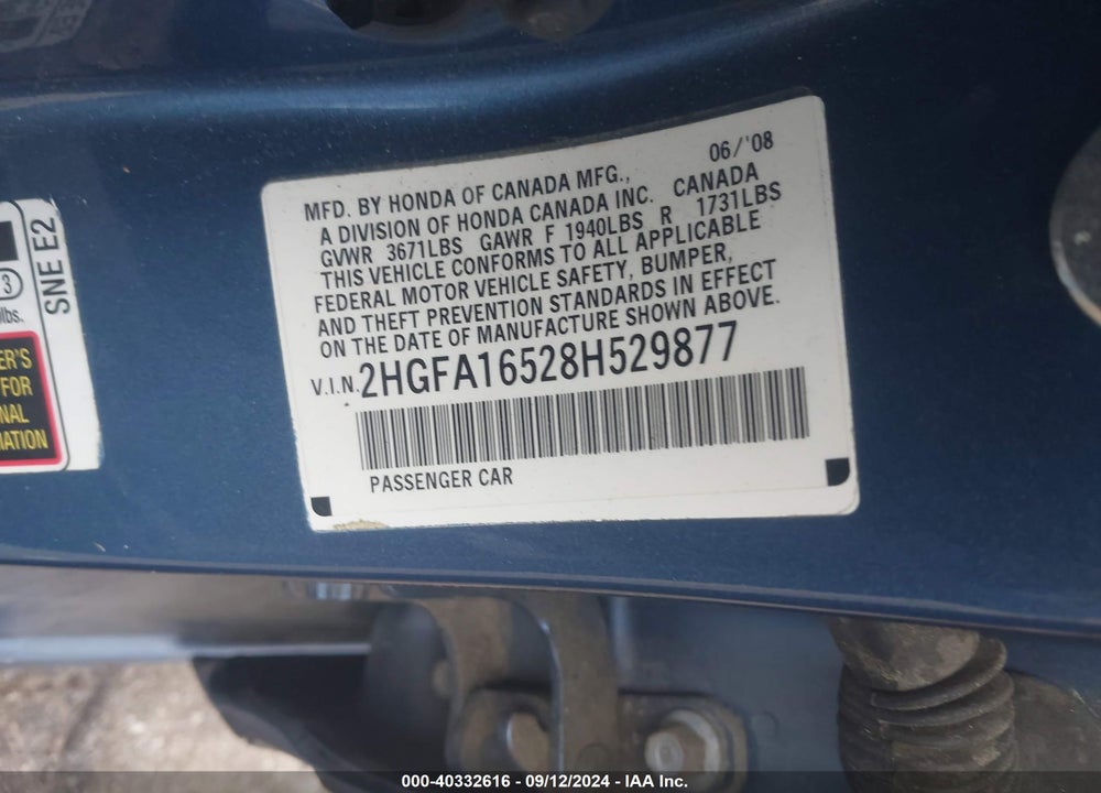 2008 HONDA CIVIC LX VIN: 2HGFA16528H529877