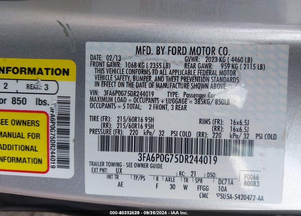 2013 FORD FUSION S VIN: 3FA6P0G75DR244019