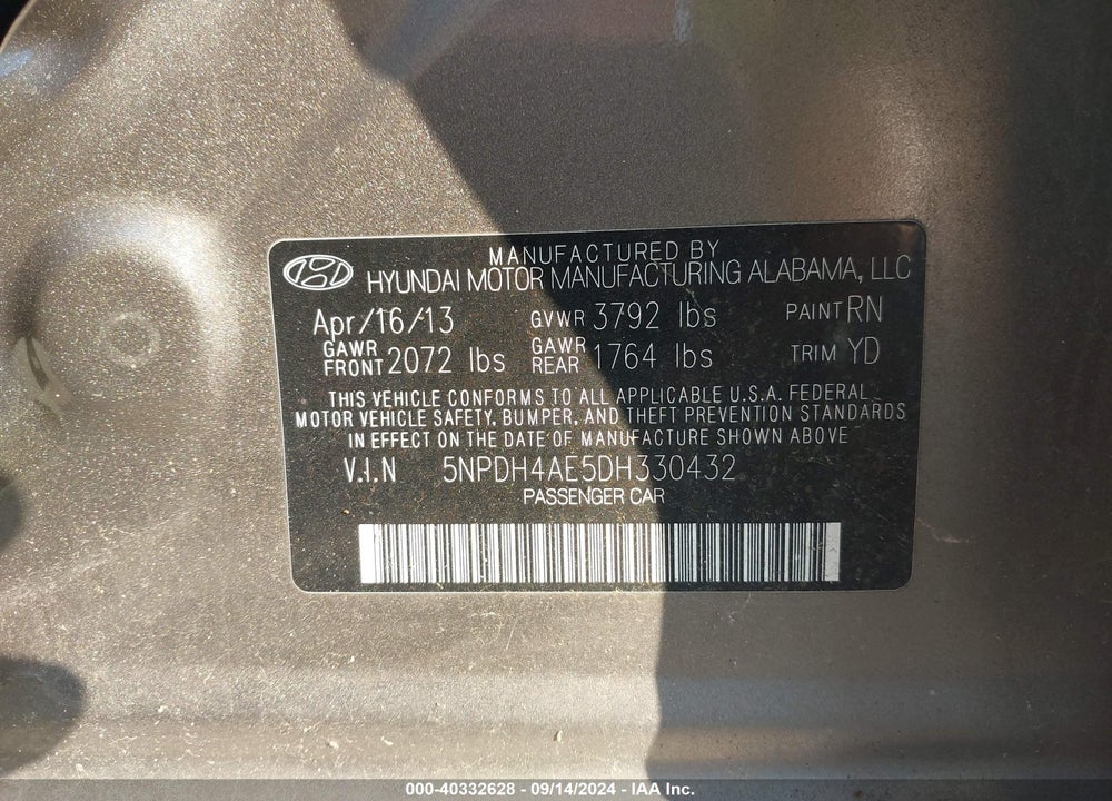 2013 HYUNDAI ELANTRA GLS VIN: 5NPDH4AE5DH330432