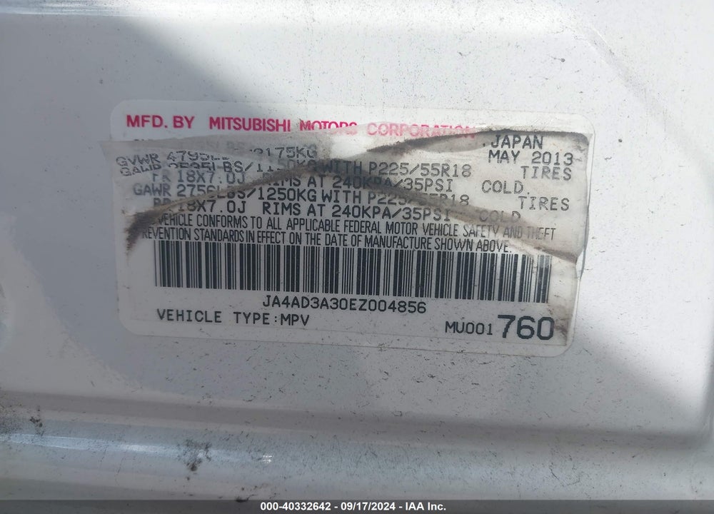 2014 MITSUBISHI OUTLANDER SE VIN: JA4AD3A30EZ004856