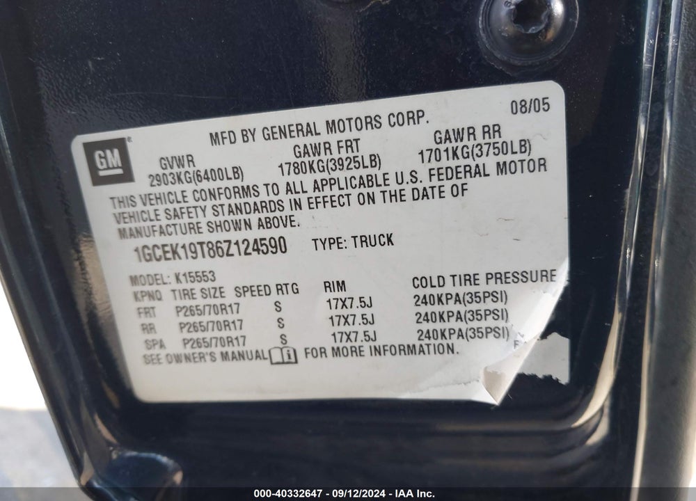 2006 CHEVROLET SILVERADO 1500 LT1 VIN: 1GCEK19T86Z124590