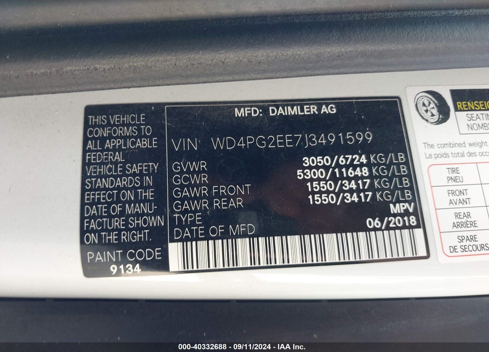 2018 MERCEDES-BENZ METRIS VIN: WD4PG2EE7J3491599