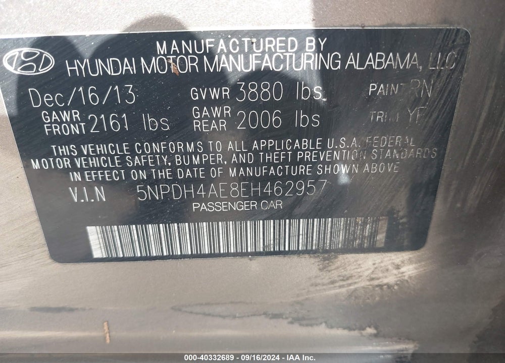 2014 HYUNDAI ELANTRA SE VIN: 5NPDH4AE8EH462957