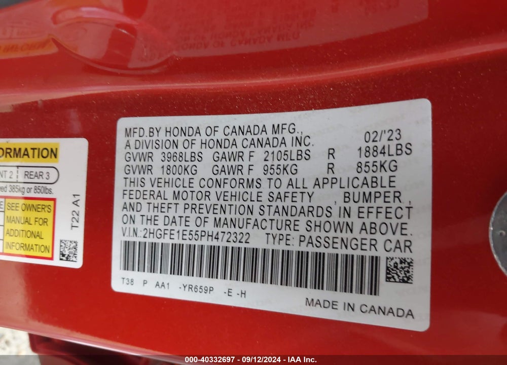 2023 HONDA CIVIC SI SEDAN VIN: 2HGFE1E55PH472322