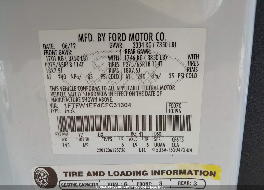 2012 FORD F-150 XLT VIN: 1FTFW1EF4CFC31304
