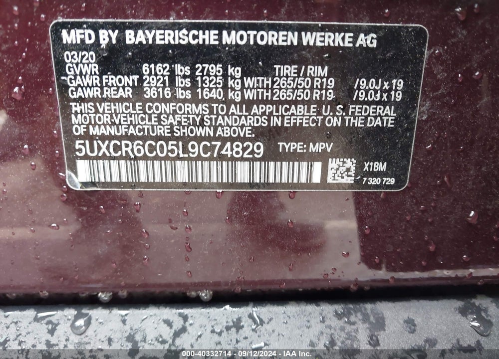 2020 BMW X5 XDRIVE40I VIN: 5UXCR6C05L9C74829