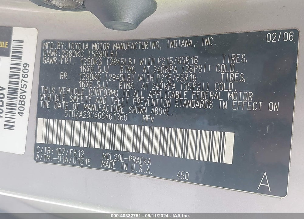 2006 TOYOTA SIENNA CE VIN: 5TDZA23C46S461360