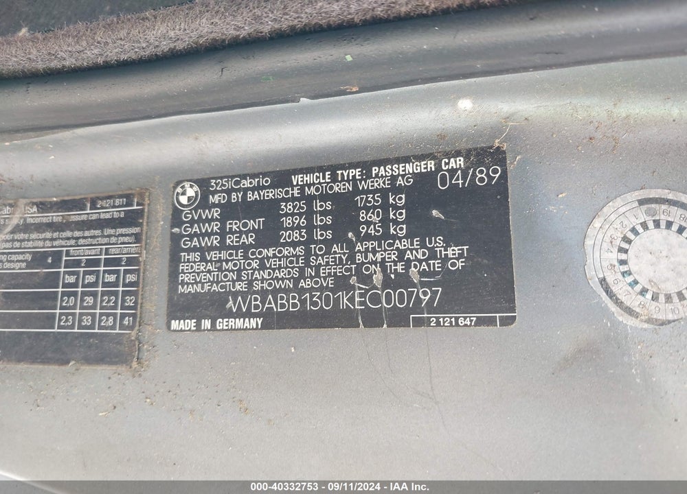 1989 BMW 325 VIN: WBABB1301KEC00797
