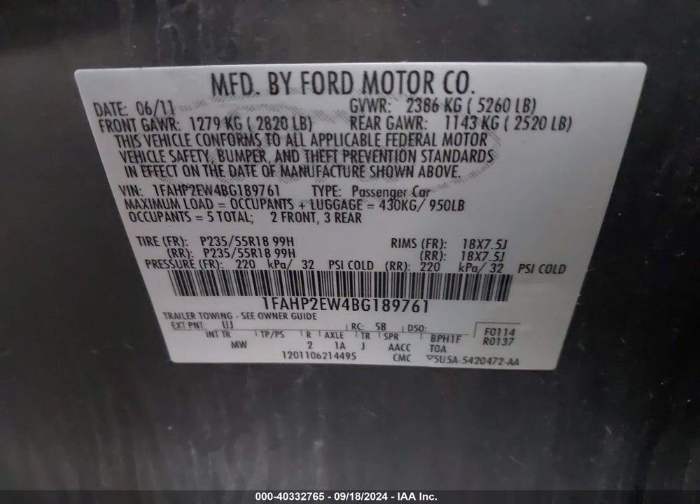 2011 FORD TAURUS SEL VIN: 1FAHP2EW4BG189761