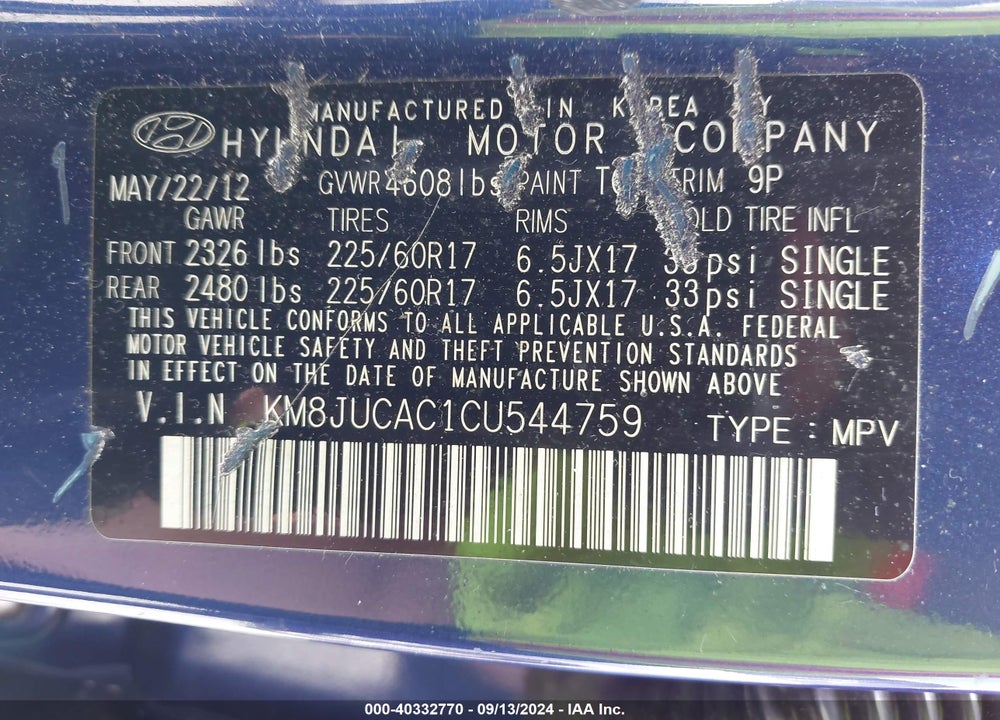 2012 HYUNDAI TUCSON GLS VIN: KM8JUCAC1CU544759