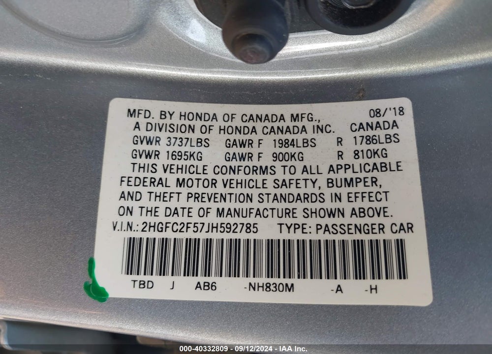 2018 HONDA CIVIC LX VIN: 2HGFC2F57JH592785