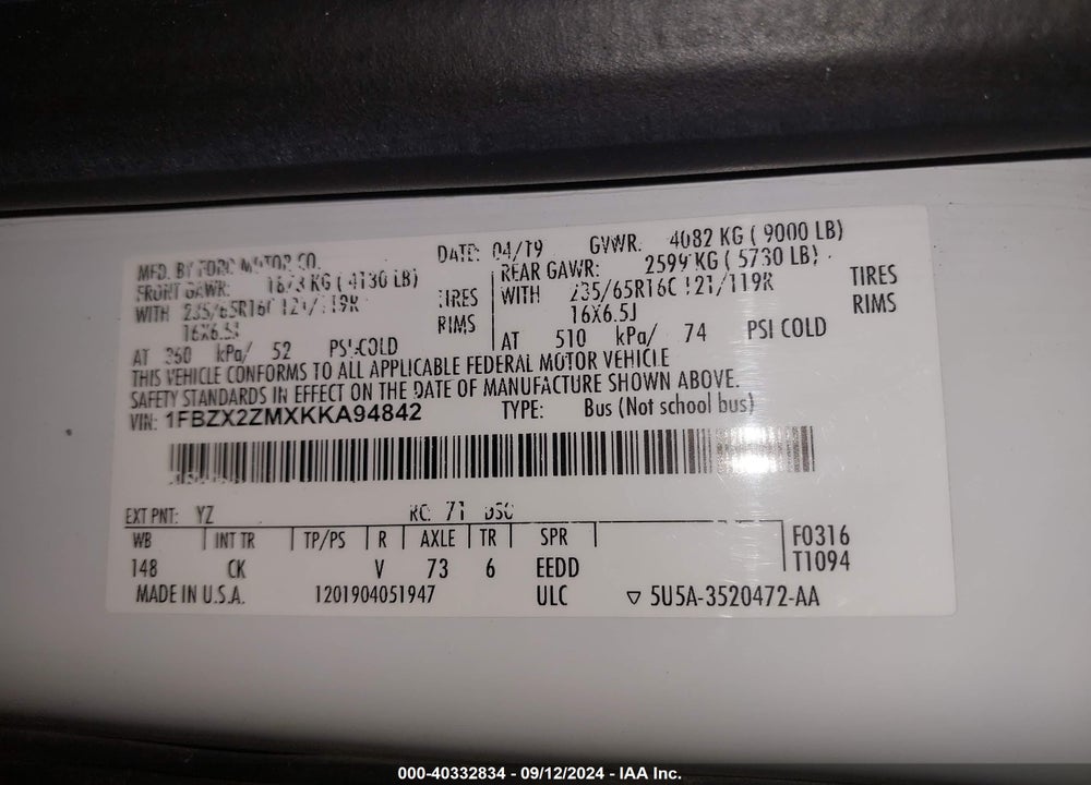2019 FORD TRANSIT-350 XLT VIN: 1FBZX2ZMXKKA94842