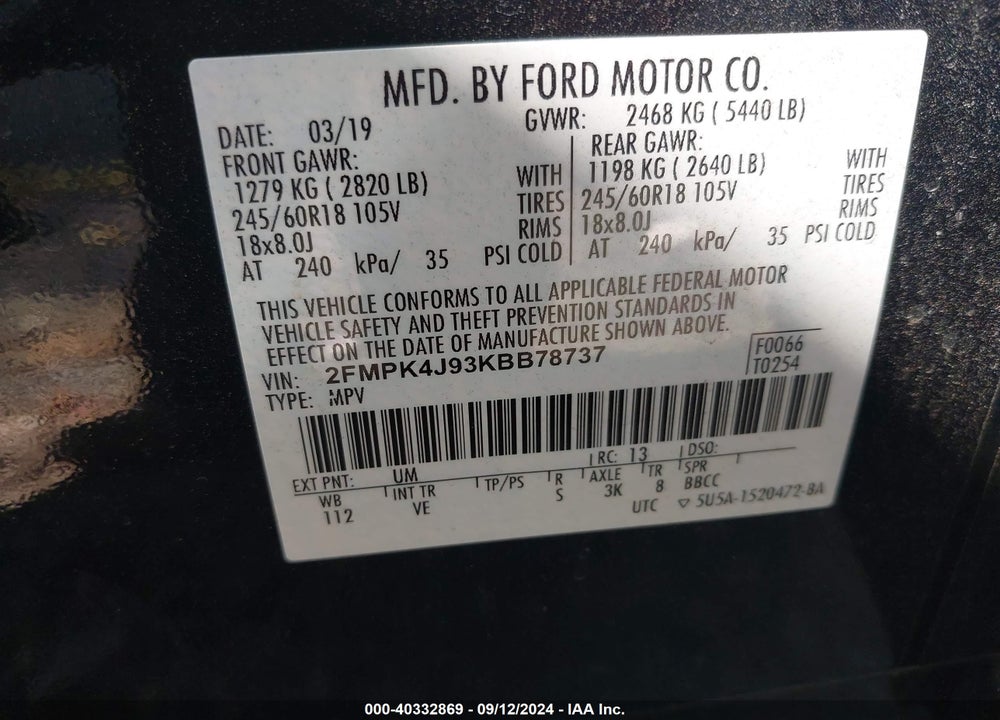 2019 FORD EDGE SEL VIN: 2FMPK4J93KBB78737