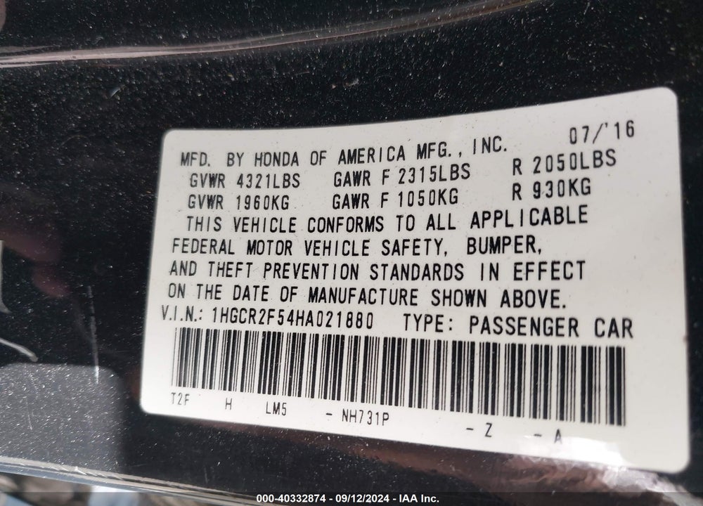 2017 HONDA ACCORD SPORT VIN: 1HGCR2F54HA021880