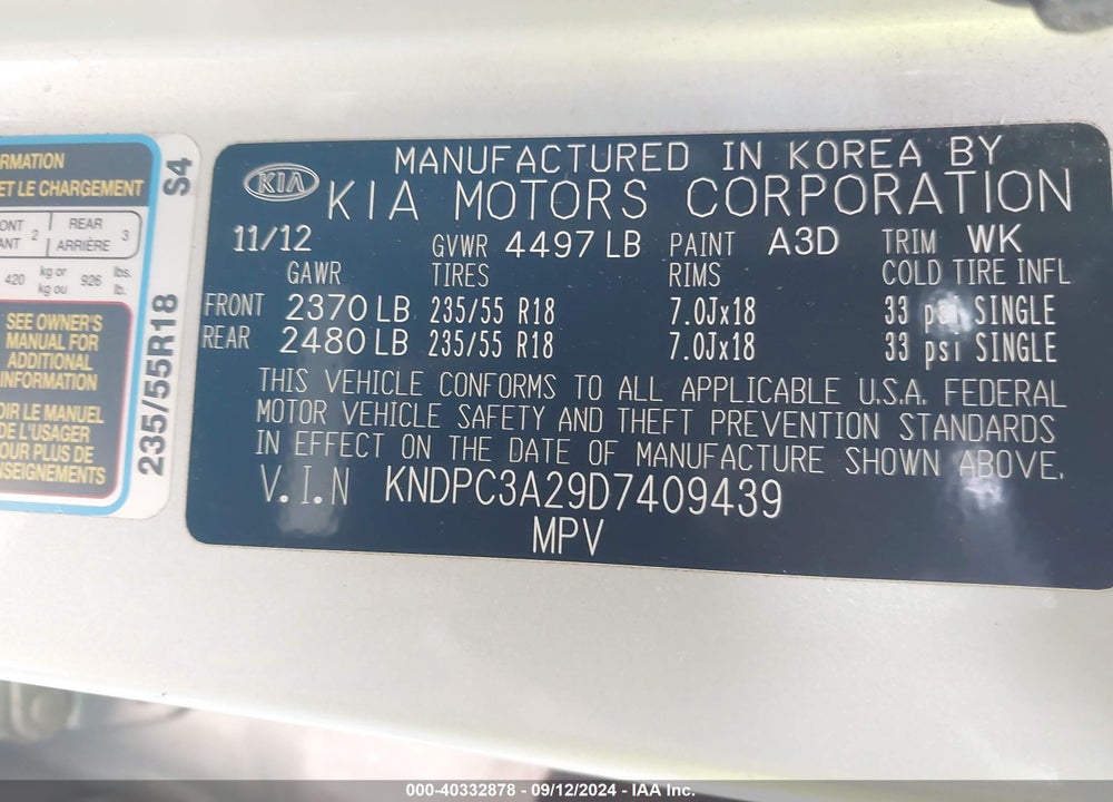 2013 KIA SPORTAGE EX VIN: KNDPC3A29D7409439