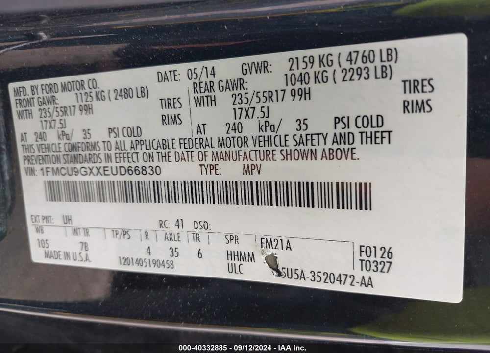 2014 FORD ESCAPE SE VIN: 1FMCU9GXXEUD66830