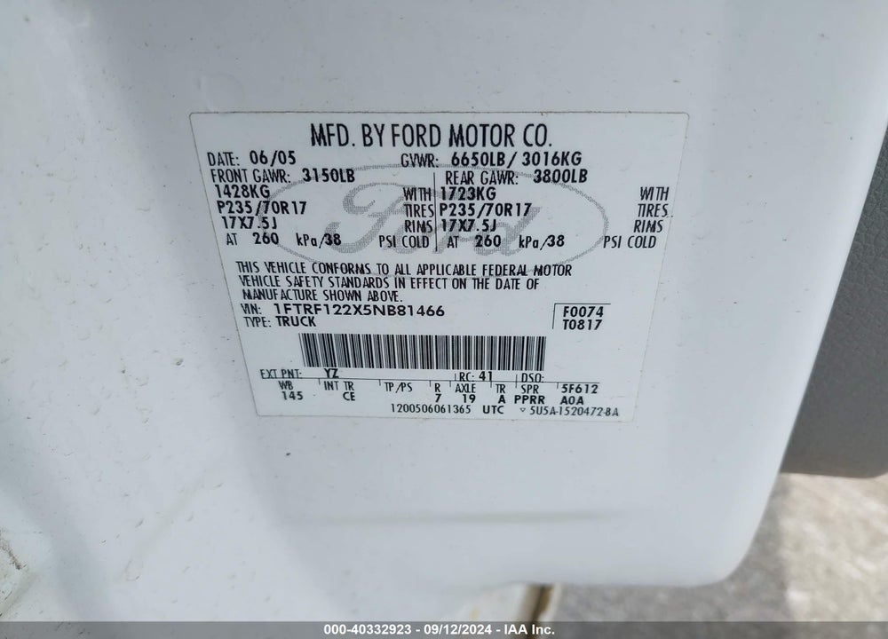 2005 FORD F-150 STX/XL/XLT VIN: 1FTRF122X5NB81466