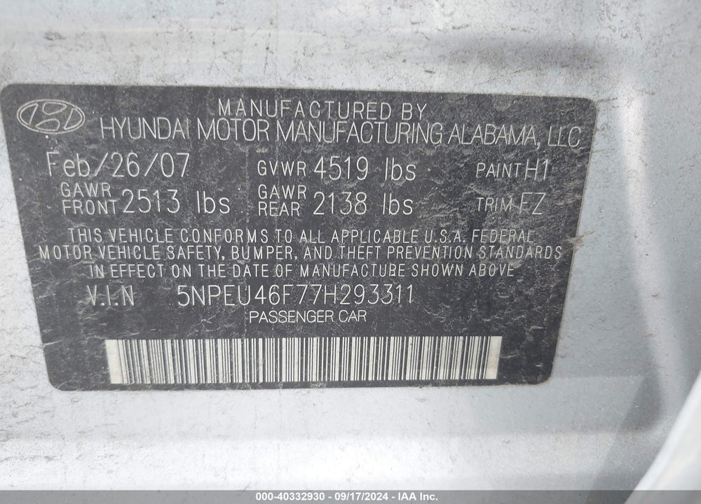 2007 HYUNDAI SONATA LIMITED/SE V6 VIN: 5NPEU46F77H293311