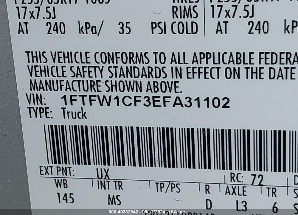2014 FORD F-150 XLT VIN: 1FTFW1CF3EFA31102