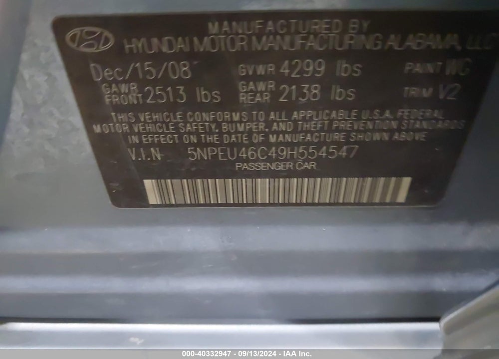 2009 HYUNDAI SONATA LIMITED VIN: 5NPEU46C49H554547