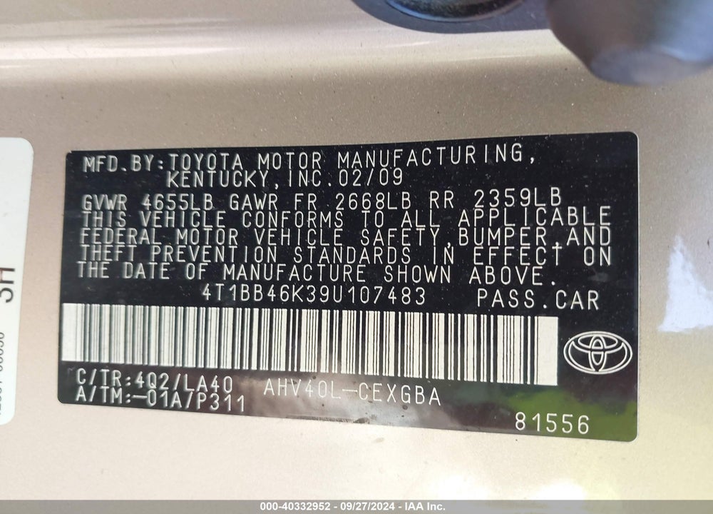 2009 TOYOTA CAMRY HYBRID VIN: 4T1BB46K39U107483